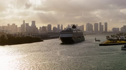 The Large Cruise Liner Departing From the Miami Port on Sunny Bright Evening Time Aerial View