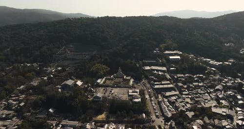 Aerial view of Buddhist temple & gardens Kodaiji and Ryozen Kannon Statue in Kyoto City