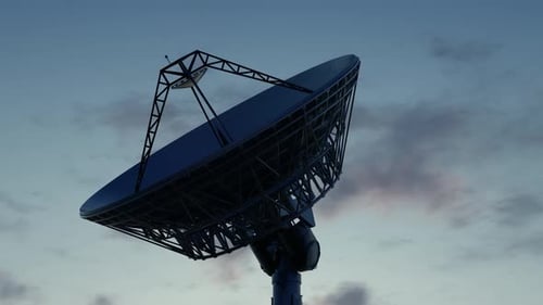 Realistic Rotating Satellite Dish Animation Against Evening Sky