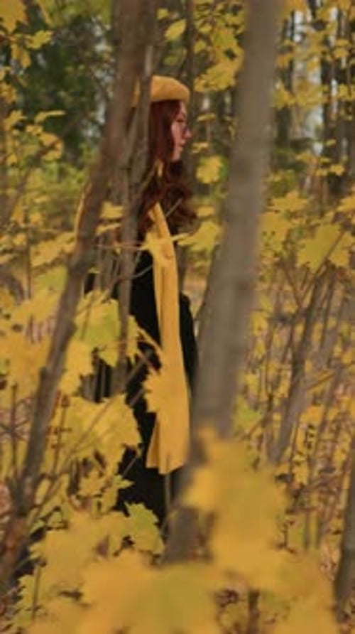 Elegant Lady Enjoys Tranquil Autumn Walk in the Woods