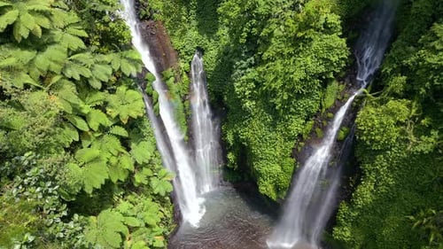 Aerial View Of Stunning Fiji Waterfall In The Lush Jungle In Bali Indonesia