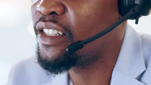 Call center, face and black man talking for telemarketing, customer service or support in office