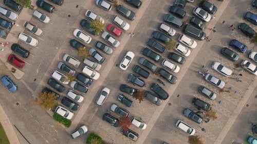 Drone Cars Riding Parking Full of Automobiles Vehicles Moving on Asphalt Road