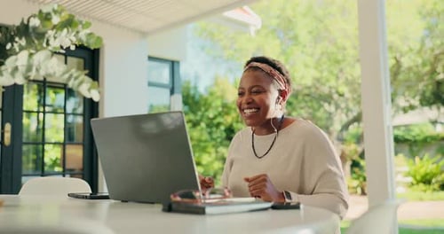 Laptop, teacher and video call with black woman in home for distance school, webinar and meeting