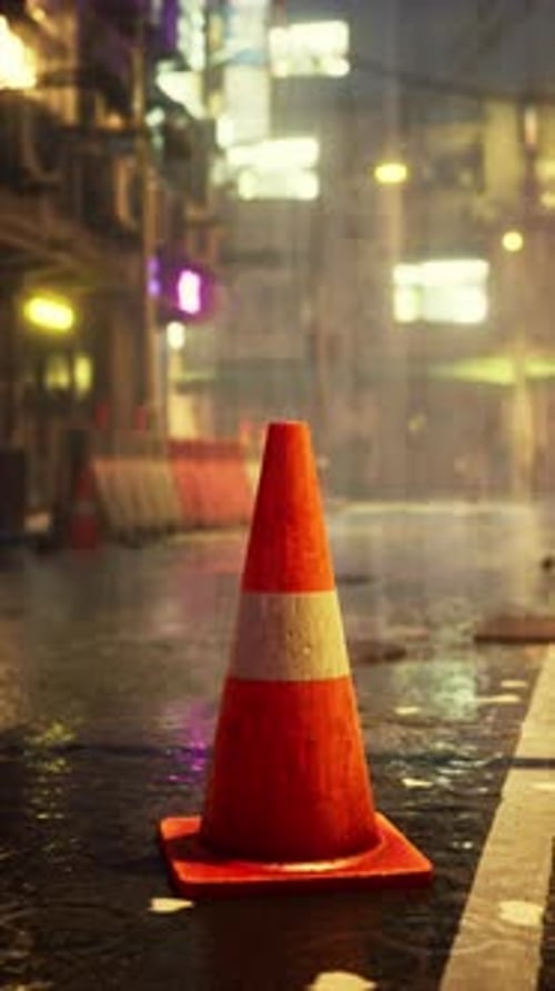 Traffic Cone on Rainy Street