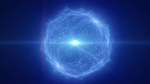 Sphère numérique bleue lumineuse avec éclat de lumière rayonnante et filaments structurés, transmettant de l'énergie