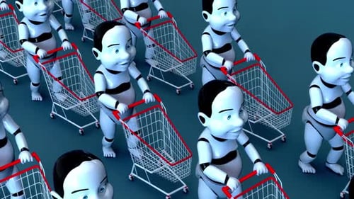 De nombreux robots identiques poussent des paniers d'achats en rangées