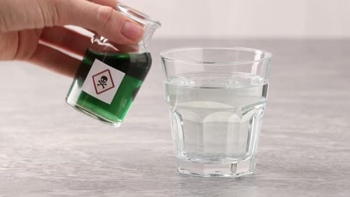 Femme versant du poison d'une bouteille dans un verre avec de l'eau à une table grise, gros plan