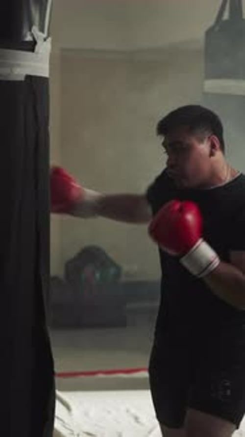 Active Man in Gloves Hits Punching Bag in Gym
