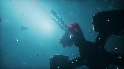 Futuristic Space Station Firing Laser in Asteroid Field