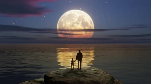 Stylized Animation of Family Standing on a Rock Against Ocean in Moonlight Seamless Loop 3d Render