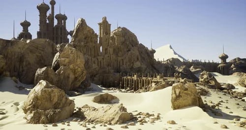 Sandstone Structures Rise Majestically Against the Blue Sky in Desert Landscape