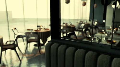Empty Modern Restaurant Interior with Tables Set for Dining