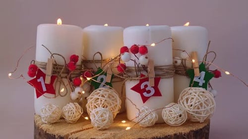 Four Advent Candles Calendar with Christmas Zero Waste Decorations Holiday Preparation Copy Space