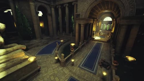 Una lámpara de color ámbar cálido resalta al misterioso guardián en el entorno de la Galería Sagrada