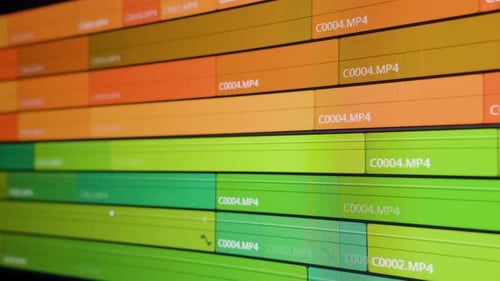 Video editing. Complex timeline being scrolled through quickly. Close up