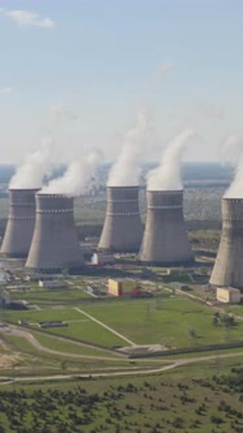 Close Up Aerial View to Nuclear Power Plant Atomic Power Stations Sources of Electricity with Low