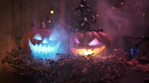 Glowing Jack-o'-Lanterns with Witch Hat on Halloween