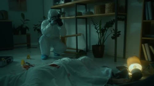 Crime Scene with Covered Body and Investigator