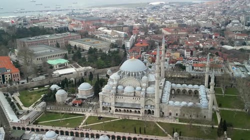 Suleymaniye Mosque and the European side of Istanbul rotation shot