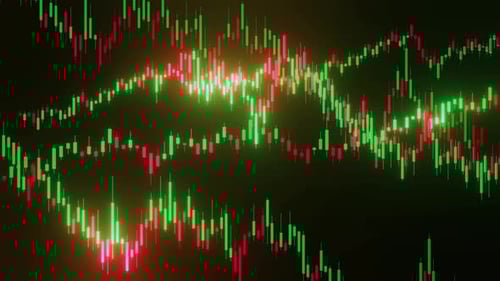 Dynamic stock market graph with red and green trading candles on black background