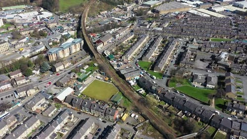 Aerial drone footage of the town of Huddersfield, a market town in the Kirklees district in the UK