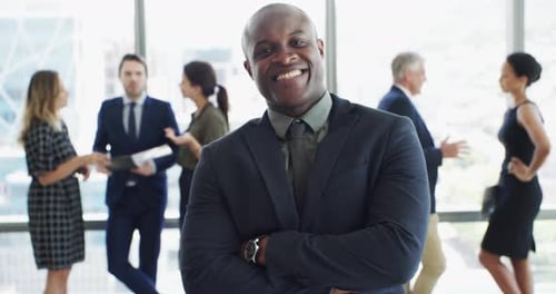 Black business man, arms crossed or team with smile on face for leadership