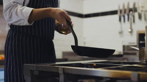 Chef Cooking Food on Stove in Restaurant Kitchen