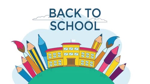Flat Design Back to School Animation with School Building and Supplies