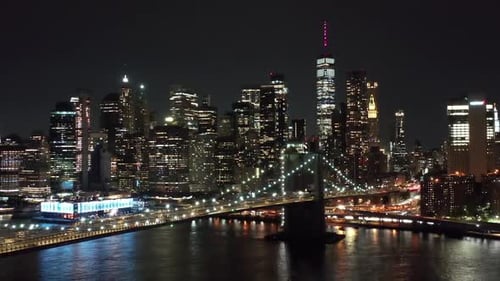 Beautiful Night Drone Footage Of the New York City Skyline Showing the Freedom Tower, Hudson River,