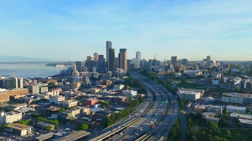 Seattle, Washington, United States. Aerial hyperlapse towards Seattle skyline at sunrise.
