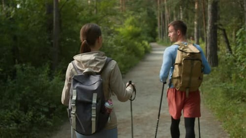 Two People with Large Backpacks Going Hiking in Evergreen Forest