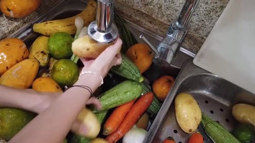 Washing of vegetables to keep them clean in slow motion