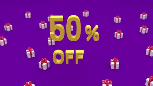 Animated 50 Percent Off Sale with Flying Gift Boxes