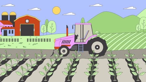 Tractor riding through farmland fields cartoon animation
