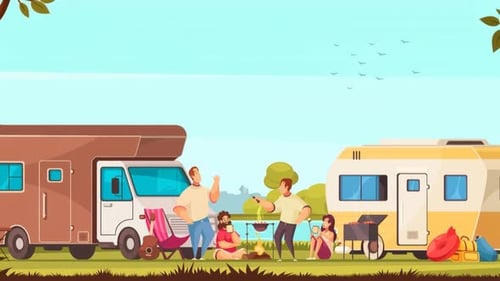 Friends Enjoying Outdoor RV Camping & Barbecue by the Lakeside - Summer Road Trip - Nature