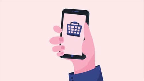 Animated Hand Holding Smartphone, Shopping Cart to Gift Icon