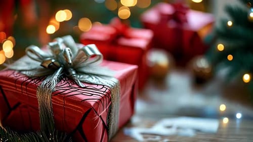 Caixas de presente embrulhadas com fitas e luzes de Natal em uma mesa festiva