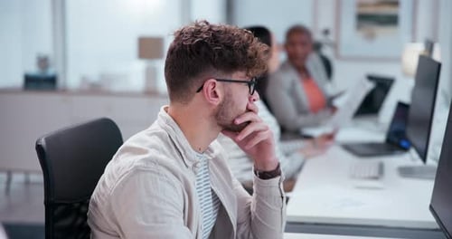 Office, thinking and man with computer at desk for information technology, system and solution
