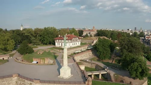Belgrade old city clockwise flyover capital of Serbia filming sculpture on Kalemegdan in 4k