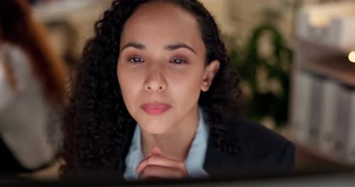 Computer, thinking and business woman reading, article review and editing