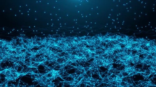 Abstrakter bewegter Grafikhintergrund mit dunkelblauen Plexuslinien und Partikeln für Technologiekonzepte