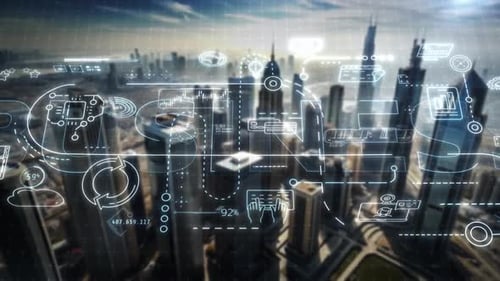 Infographics BUSINESS Against the Backdrop of City Skyscrapers