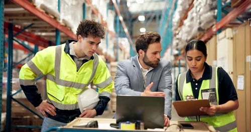 Planning, laptop and shipping with people in warehouse for inventory manager, support or logistics