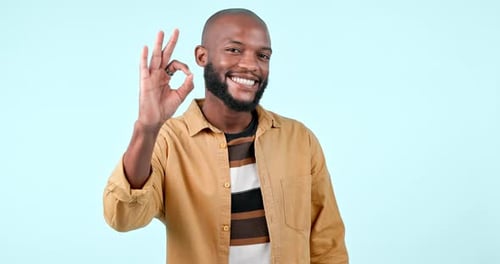 Ok, portrait and man with hand in agreement, emoji or happy feedback on blue background in studio