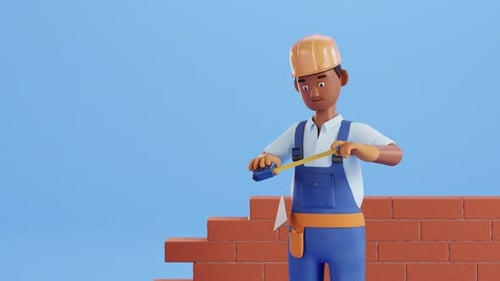 3D Animated Builder Character Measuring with Tape