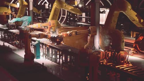 Robotic Arms Operate Along Conveyor Belt in Automated Factory Setting