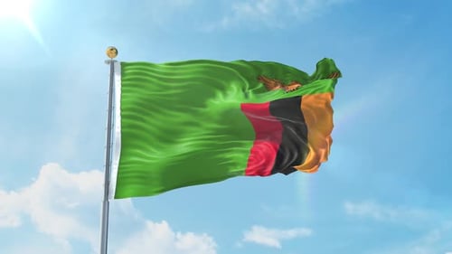 Realistic Waving Flag of Zambia on Blue Sky Background