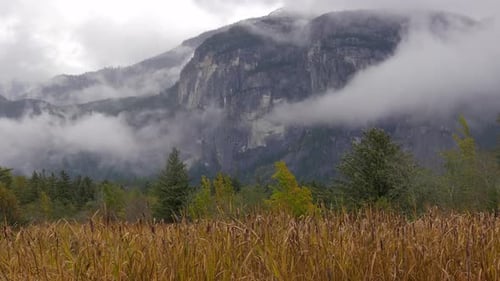 Malerischer Blick auf die Granitberge in der Nähe von Golden Rye Fields in einer nebligen Landschaft. Statischer Schuss