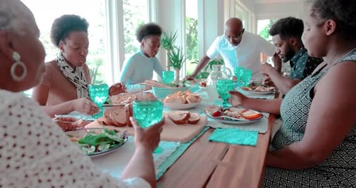 Family enjoying a bright daytime meal in home